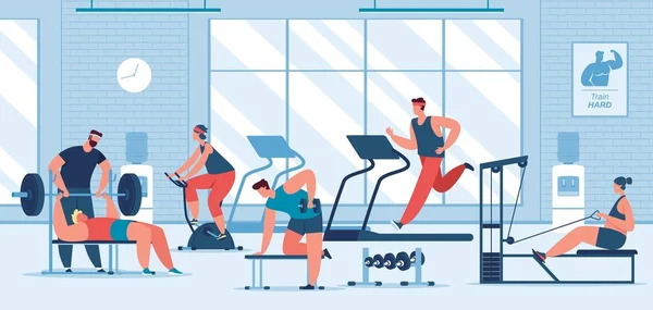 Die Leute trainieren im Fitnessstudio, trainieren mit Sportgeräten. Figuren laufen auf Laufband, Hanteln heben Vektor-Illustration — Stockvektor