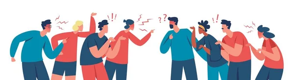 Two groups of people arguing and fighting, conflict among people. Angry characters having argument or disagreement vector illustration — Stock vektor