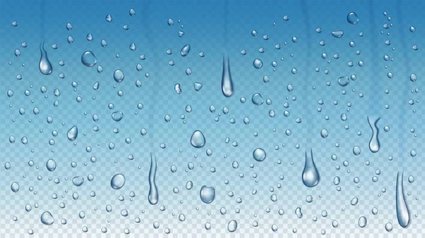 Realistic rain drops on window glass, steam shower condensation. Raining water droplets, clear raindrops on transparent vector background — Stock vektor