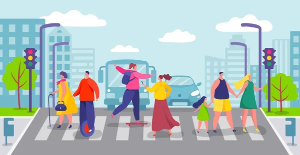 Group of people crossing city road, pedestrians walking on crosswalk. Characters cross street on pedestrian crossing Vector illustration — Stock Vector