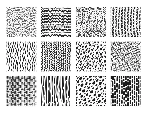 Cute hand drawn seamless patterns with dots, waves, scribbles. Abstract print or fabric pattern, hearts or lines doodles vector texture set — Stock vektor