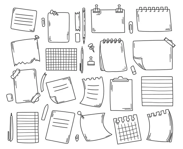 Kritzelpapier, handgezeichnete Notizbuchseiten und Haftnotizen. Leere Papierbögen Skizzen, niedliche Memo-Aufkleber mit Stift oder Klebeband-Vektor-Set — Stockvektor