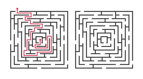 Jogo de labirinto quadrado com solução, rota encontrar quebra-cabeça. Labirinto lógico simples para crianças, encontrar enigma caminho com ilustração vetor resposta —  Vetores de Stock