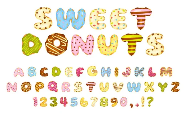 Fuente de donuts dulces de dibujos animados, letras y números de donuts vidriosos coloridos. Lindo alfabeto de postre, deliciosas rosquillas abc con conjunto de vectores de aspersiones — Archivo Imágenes Vectoriales