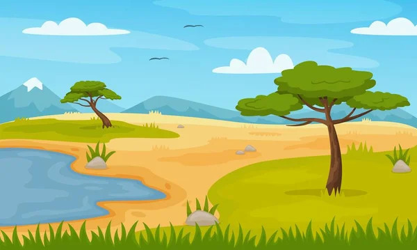 .Desenhos animados paisagem savana africana com árvores e montanhas. Campo de safári panorâmico cena, jardim zoológico ou parque savana natureza vetor ilustração —  Vetores de Stock