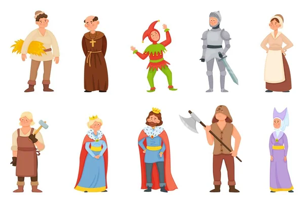 Personajes históricos medievales de dibujos animados, rey y reina, princesa. Caballero de edad media, herrero, campesino, conjunto de vectores de carácter bufón — Vector de stock