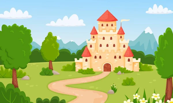 漫画の中世の城、プリンセス宮殿とおとぎ話の風景。森の魔法の王国の要塞、子供のおとぎ話のベクトルのイラスト — ストックベクタ