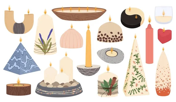 Vonné svíčky v různých tvarech, vonné hořící voskové svíčky. Dekorativní svícen s květinami, lázeňská aromaterapie svíčky vektorová sada — Stockový vektor