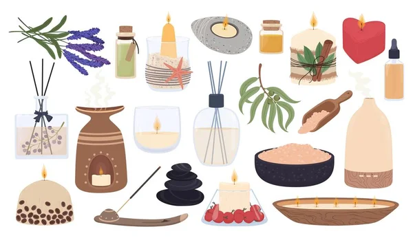 Aromaterapia y elementos de spa, velas perfumadas, aceites esenciales. Sales minerales, vela con hierbas, difusores de aroma para el conjunto de vectores de relajación — Vector de stock