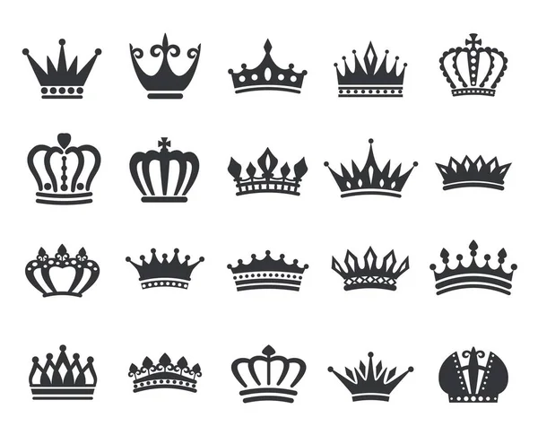 Roi couronne icône silhouette, reine tiare, couronne royale logo. Puissance dynastie royauté emblème, vintage héraldique noir symboles vectoriels ensemble — Image vectorielle