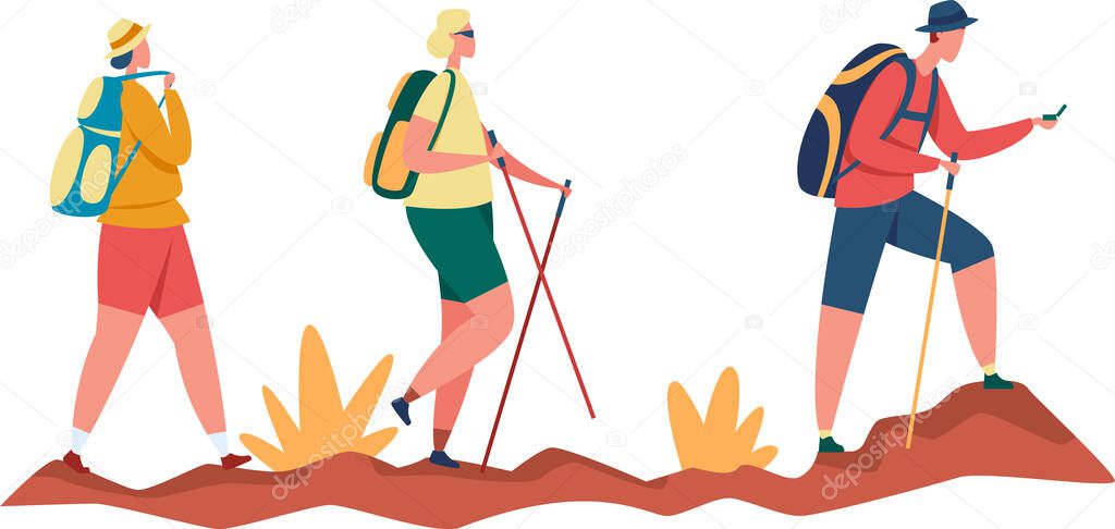 Group of tourists walk, hiking and trekking