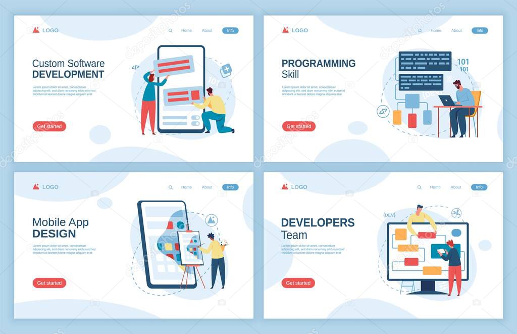 Mobile app design, software development landing page template. Programming skills, ui ux design, building website concept vector set