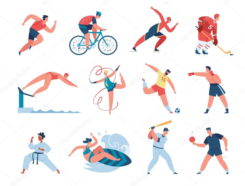 Sport people, professional athlete gymnast, boxer, runner. Athletic characters playing baseball, soccer, hockey, sports activities vector set
