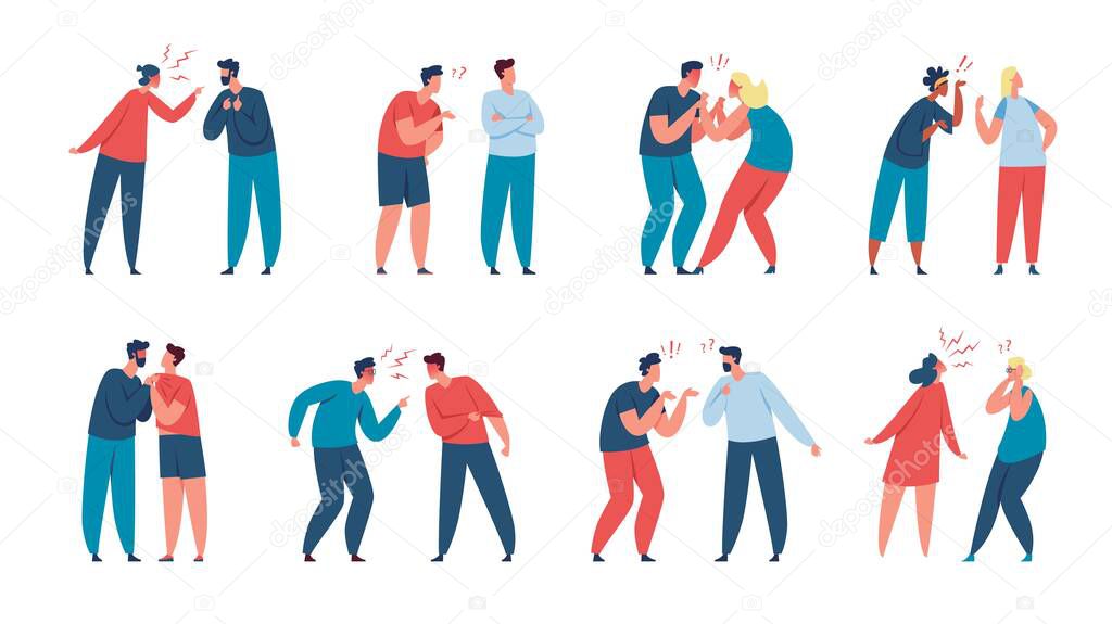 Angry people arguing, characters shouting at each other. Couple fighting or quarreling, men and women having conflict or argument vector set