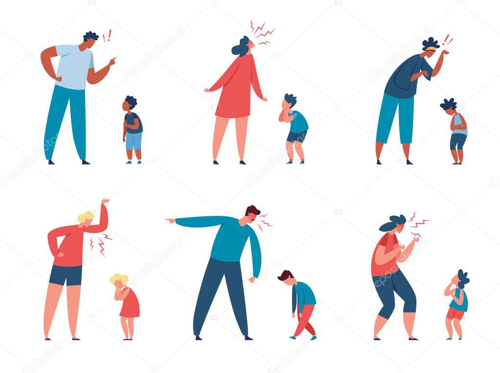 Angry parents yelling at kids, bad parenting, family problems. Frustrated mother shouting at scared child, father scolding son vector set