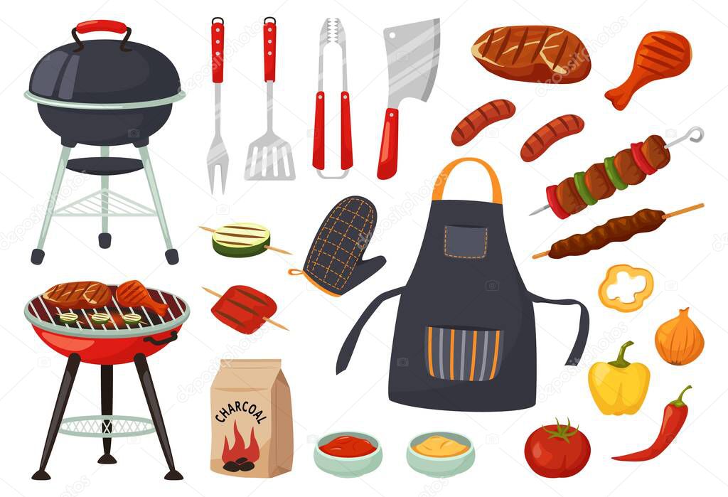Cartoon barbecue equipment, outdoor bbq picnic elements. Grilled steak and vegetables, barbecued food for summer grill party vector set