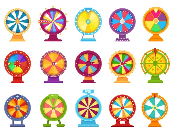Fortune wheels, spinning roulette, lucky spin game. Casino gambling wheel, colorful turning roulette, jackpot lottery games flat vector set — Stock Vector