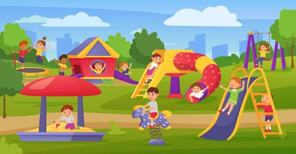 Desenhos animados crianças jogando no parque infantil no parque de verão ou jardim de infância. Crianças felizes na corrediça ou no balanço, jogo do menino na ilustração do vetor da caixa de areia —  Vetores de Stock