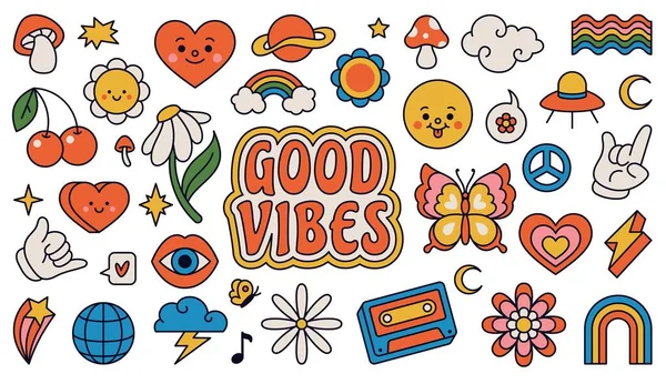 Retro 70s groovy elements, cute funky hippy stickers. Cartoon daisy flowers, mushrooms, peace sign, heart, rainbow, hippie sticker vector set — Stock vektor