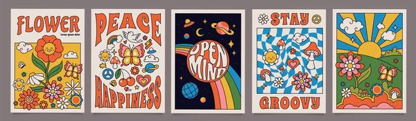 Cartazes groovy dos anos 70, impressão retro com elementos hippies. Desenhos animados paisagem psicodélica com cogumelos e flores, vintage funky print vector set — Vetor de Stock