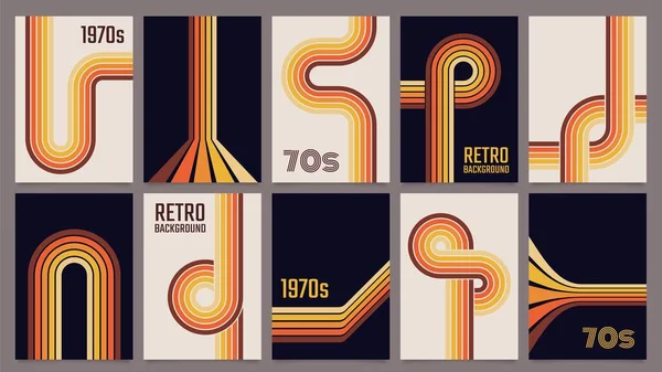 Vintage 70s geometric posters, abstract retro stripes backgrounds. Minimalist 1970s style color lines print or poster template vector set — 图库矢量图片