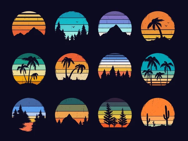 Coucher de soleil rétro, couchers de soleil rayés style années 80. Logo vintage abstrait lever du soleil avec plage d'été, montagnes, paysage forestier ensemble vecteur — Image vectorielle