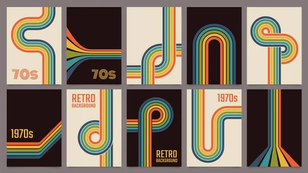 レトロ70年代幾何学的なポスター、ヴィンテージ虹色のラインプリント。荒々しく縞模様のポスター、抽象的な1970年代のカラフルな背景ベクトルセット — ストックベクタ