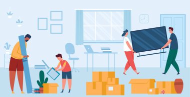 Aile yeni eve taşınıyor, kutu taşıyor.