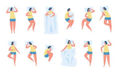 Woman sleeping poses, character lying in bed in various sleep positions. Tired girl sleep under blanket, resting head on pillow vector set vector Woman sleeping poses, character lying in bed in various sleep positions. Tired girl sleep under blanket, resting head on pillow vector set vector