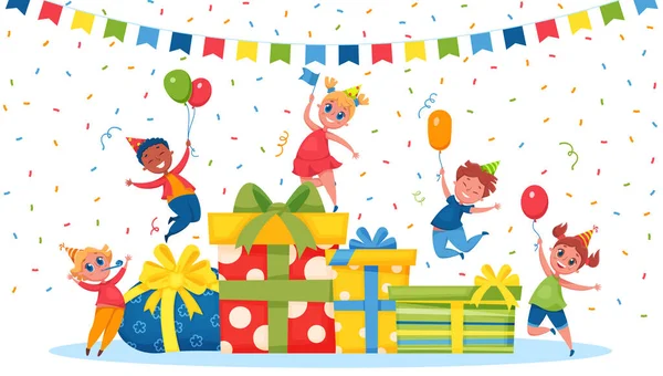 Kids birthday celebrations with pile gift boxes and balloon — Vetor de Stock