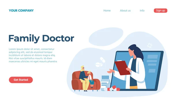 Médico de familia en línea, clínica de landing page remotamente — Archivo Imágenes Vectoriales