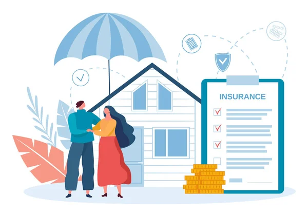 Casa de seguros de propiedad, pareja de estancia bajo el paraguas con el hogar — Vector de stock