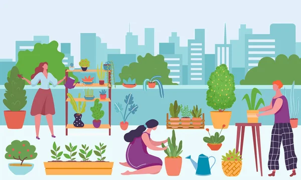 Městské zahrádkářství, pěstování a zavlažování rostlin — Stockový vektor
