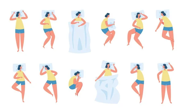 Woman sleeping poses, character lying in bed in various sleep positions. Tired girl sleep under blanket, resting head on pillow vector set – stockvektor