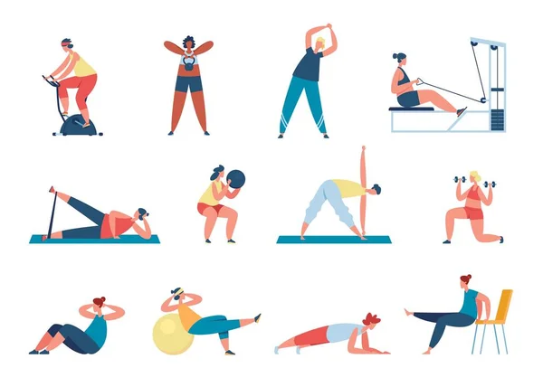 Women exercise with sports equipment, working out at home or gym. Female characters doing squats, practicing yoga, fitness training vector set — Stock Vector