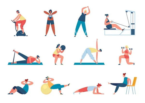 Les femmes font de l'exercice avec des équipements sportifs, s'entraînent à la maison ou au gymnase. Personnages féminins faisant des squats, pratiquant le yoga, ensemble vecteur d'entraînement de forme physique — Image vectorielle