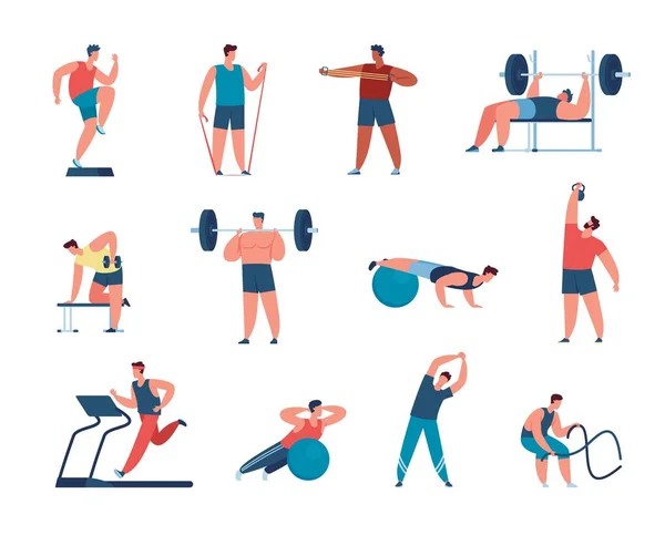 Athletic men training at gym, exercising with sport equipment. Male characters doing cardio exercises, lifting weights, workout vector set — Stockvektor