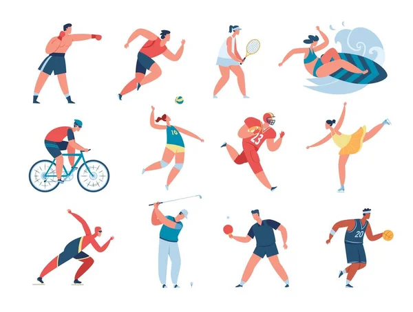 Personnages faisant des activités sportives, entraînement d'athlètes professionnels. Boxer et coureur, joueurs de tennis, football, jeu vectoriel de volley-ball — Image vectorielle