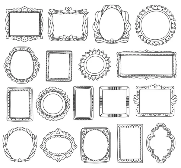 Doodle fotoramar, söt handritad målning ram. Scrapbook tag klotter, skiss bild ram gränser med dekorativa element vektor set — Stock vektor