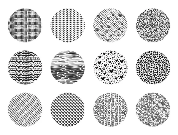 Hand drawn circle scribble textures, abstract round shape doodles. Sketch pattern background scribbles with dots or lines vector texture set — Stock vektor