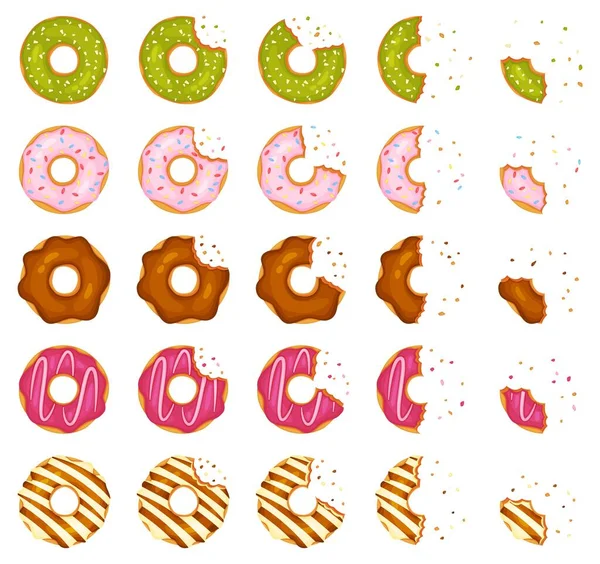 Bitten and half eaten donuts, doughnut pieces with crumbs. Cartoon delicious donut with various toppings, sweet pastry dessert vector set — Vetor de Stock