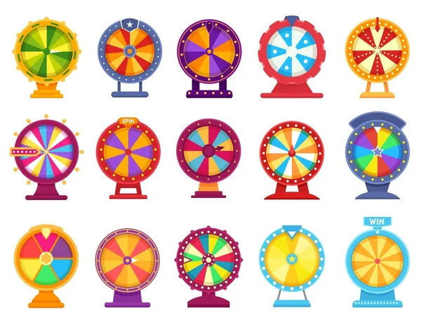 Lyckohjul, tur snurrande roulette, kasino spinn spel. Färgglada prishjul, lotterivinst rouletter spel, pengar spelande platt vektor set — Stock vektor