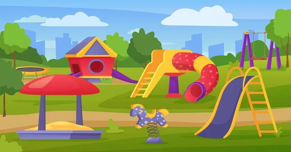Niños vacíos patio al aire libre en el parque de la ciudad o patio de la escuela. Área de juego de jardín de infancia de dibujos animados con diapositiva, columpio, ilustración de vectores de caja de arena — Archivo Imágenes Vectoriales