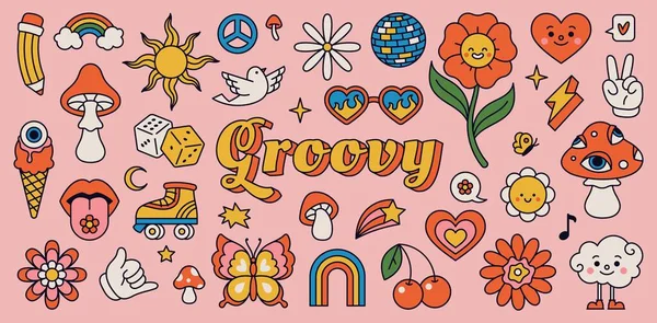Retro-Hippie-Sticker der 70er Jahre, psychedelisch groovige Elemente. Cartoon funky Pilze, Blumen, Regenbogen, Vintage Hippie-Stil Element Vektor-Set — Stockvektor