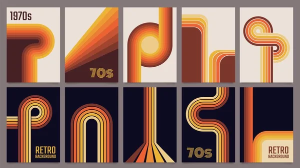Retro geometric lines posters, 1970s style stripes prints. Fun abstract color line poster, vintage 70s colorful minimalist poster vector set — стоковый вектор