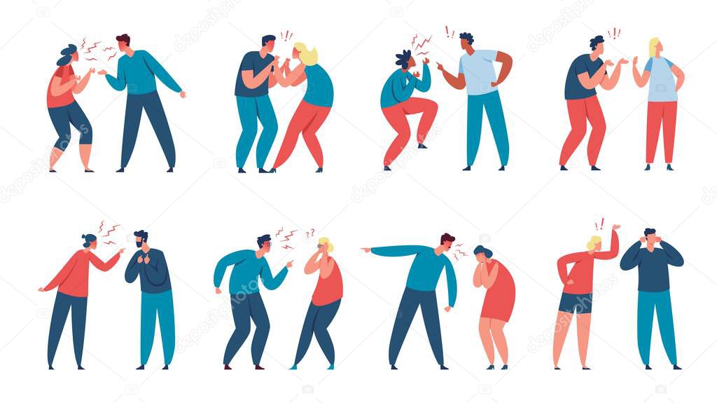 Couple quarrel, family conflict, angry men and women arguing. Couples fighting, characters yell at each other, relationship problems vector set