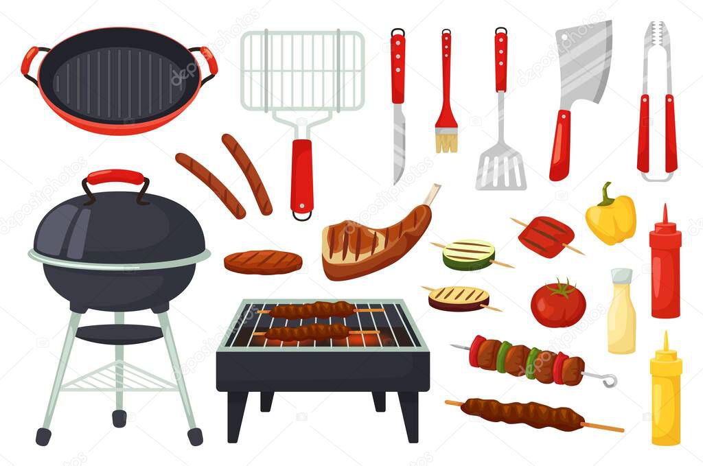 Cartoon barbecue food and utensils, bbq party elements. Outdoor grills, barbecued meat and vegetables, grill picnic equipment vector set