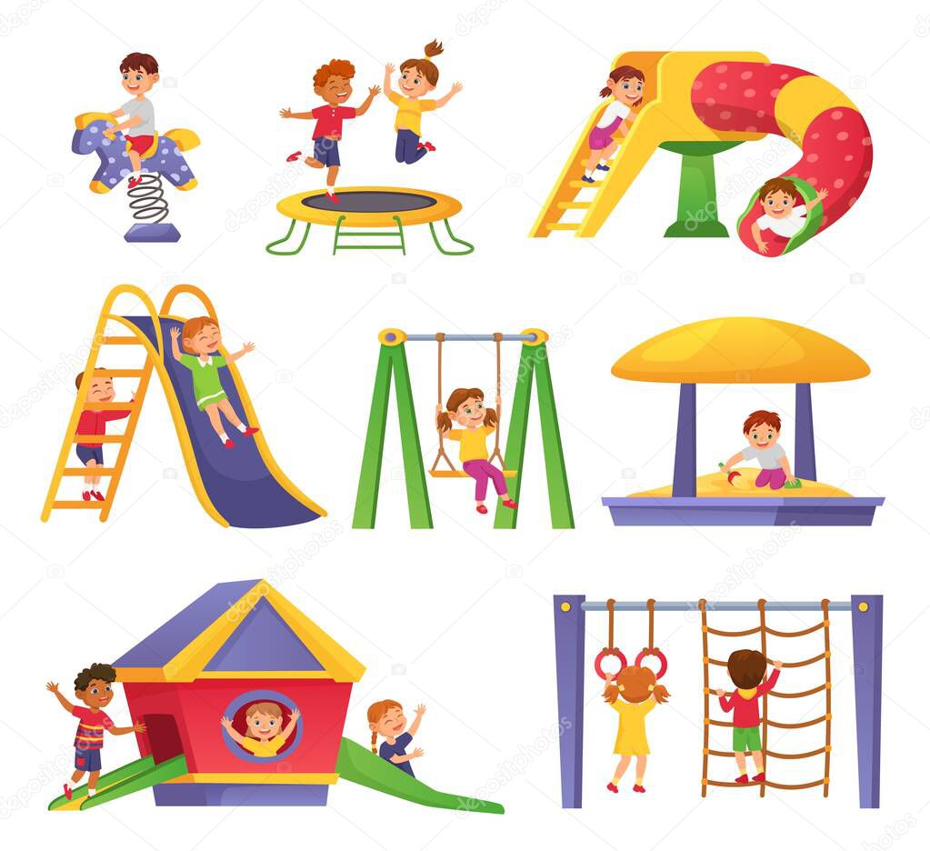 Kids playing on playground at park, outdoor kindergarten equipment. Cartoon happy children having fun on swing, slide or sandbox vector set