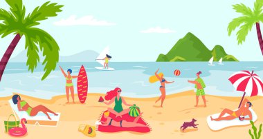 İnsanlar plajda, yaz tatilinde dinleniyor.