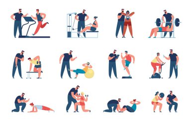 Kişisel antrenörle karakter eğitimi, koçla atlet. Atletik erkek ve kadınlar beden eğitimi eğitmeni vektör setiyle egzersiz yapıyorlar.